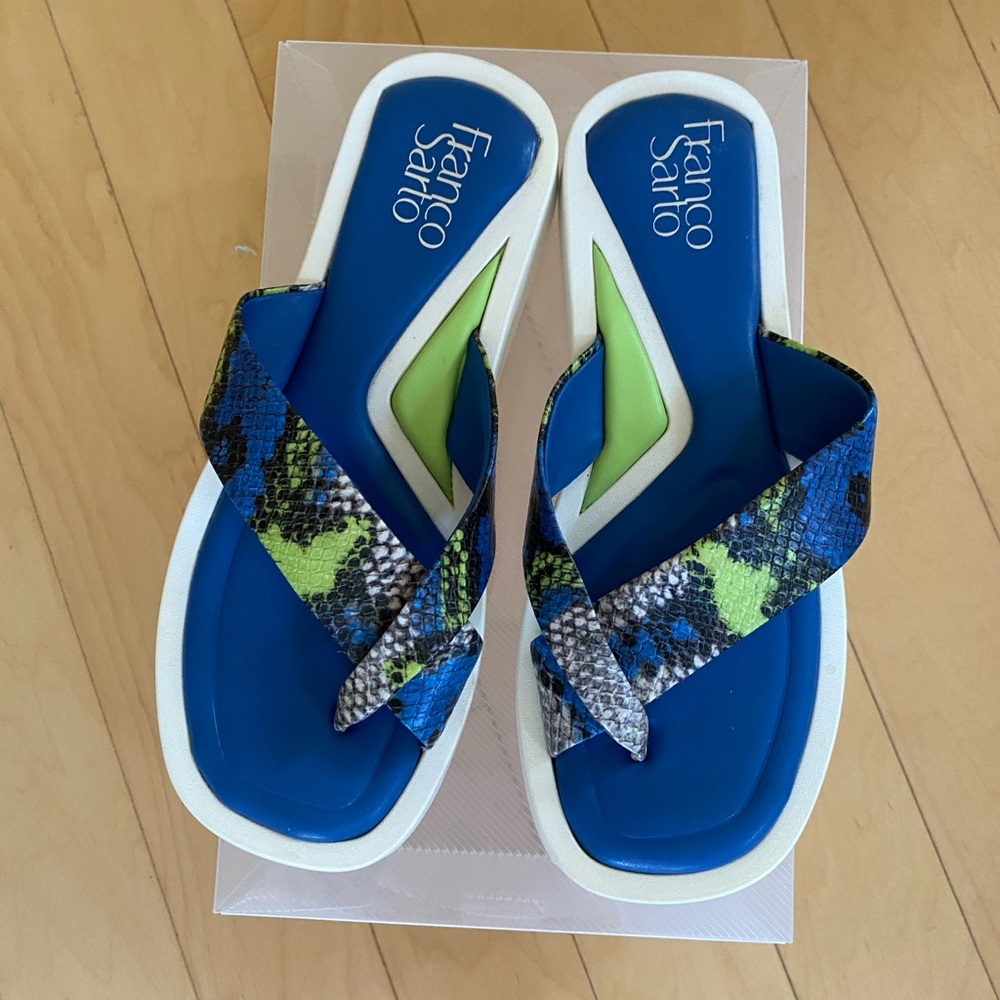 Franco Sarto Janey Cushioned Platform Slide Blue/Green Snake Print Sandals